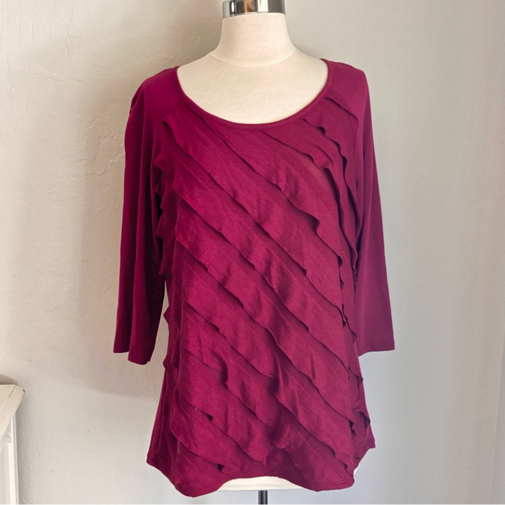AGB Round Neck Jersey Knit Diagonal Ruffle Top 3/4 Sleeve, Fuschia, Sz L